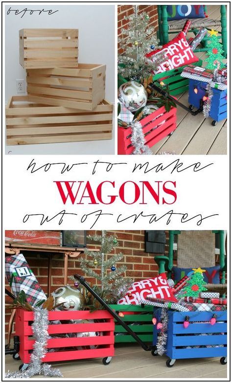 How to Make Wagons Out of Crates - Easy DIY project that kids will love to play with! Also works great to hold gifts during the holidays - doubles as holiday decor! Diy Kids Decor, Kids Wagon, Crate Diy, Trendy Diy, Best Diy, Wooden Crates, Décor Diy, Easy Diy Crafts, Diy Holiday