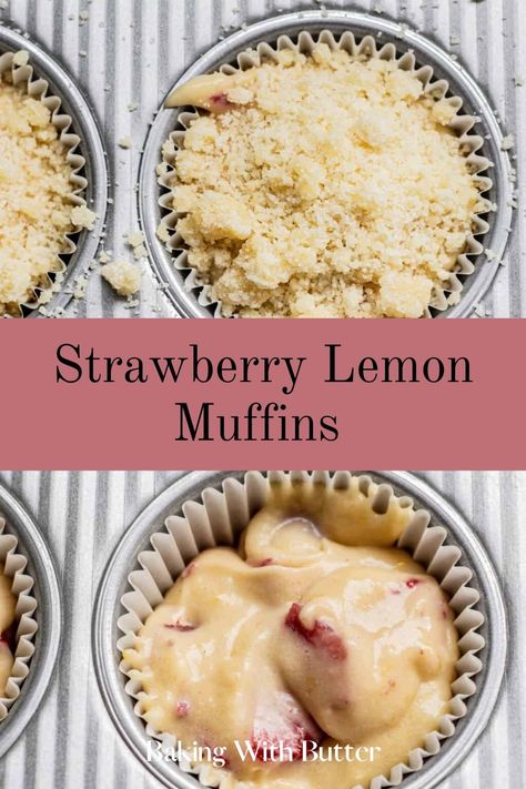 Amazing Strawberry Lemon Muffins with Crispy Streusel - a fantastic treat for brunch or tea time. Lemon Crumble Muffins, Strawberry Lemon Muffins, Lemon Crumb Muffins, Strawberry Cream Cheese Muffins With Streusel Crumb Topping, Strawberry Lemon Cupcakes Easy, Bakery Style Lemon Muffins, Strawberry Dessert Recipes, Strawberry Lemon, Lemon Muffins