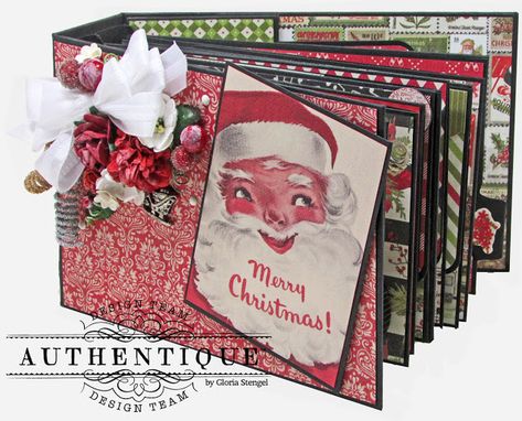 Hello, Crafting People! I am so happy to be sharing my first post as a Guest Designer for Authentique Paper ! I will be around for a few mon... Altered Cookbooks, Christmas Mini Albums, Santa Mini, Authentique Paper, Mini Photo Albums, Christmas Mini Sessions, Mini Album Tutorial, Scrap Album, Christmas Albums