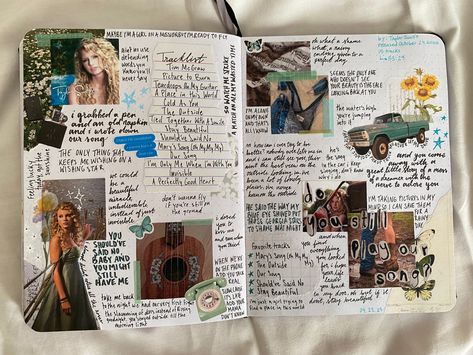 taylor swift debut album journal page Taylor Swift Debut Journal, Taylor Swift Album Journal Page, Taylor Swift Song Journal, Album Review Journal, Album Journal Page, Swiftie Crafts, Taylor Swift Scrapbook, Fangirl Bedroom, Taylor Journal