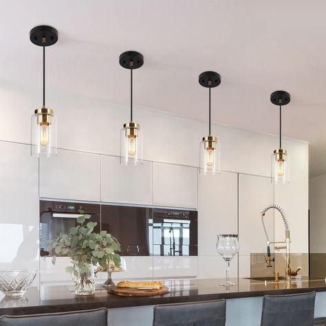 Modern 1-Light Black Gold Kitchen Island Glass Pendant Lights for Dining Room - 4.5" D x 7.5" H - On Sale - Bed Bath & Beyond - 35804837 Kitchen Island Pendant Lights Glass, Seeded Glass Pendant Light, Lights Over Kitchen Island, Seeded Glass Pendant, Modern Kitchen Lighting, Kitchen Island Lights, Island Light Fixtures, Black Kitchen Island, Gold Pendant Lighting