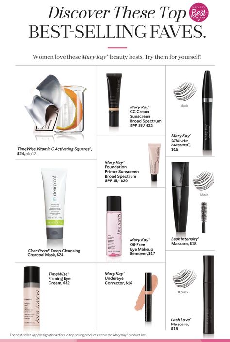 Mary Kay Best Sellers, Mary Kay Virtual Party, Lash Intensity Mary Kay, Beautiful Skin Face, Mary Kay Mascara, Mary Kay Ultimate Mascara, Mary Kay Foundation Primer, Mary Kay Flyers, Clearproof Mary Kay