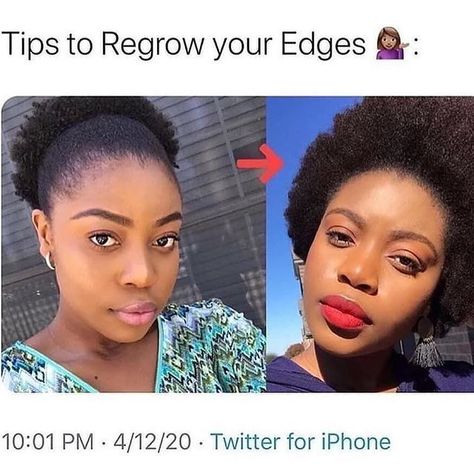 Photo by Hibiscus Roots on December 26, 2020. Image may contain: 2 people, closeup, text that says 'Tips to Regrow your Edges 10:01 PM 4/12/20 Twitter for iPhone'. #Regram via @CJUBk3flOFV Thick Edges, Thinning Edges, Type 4 Hair, 4c Natural Hair, Healthy Hair Journey, Lost Hair, December 26, 4c Hairstyles, Girl Life Hacks