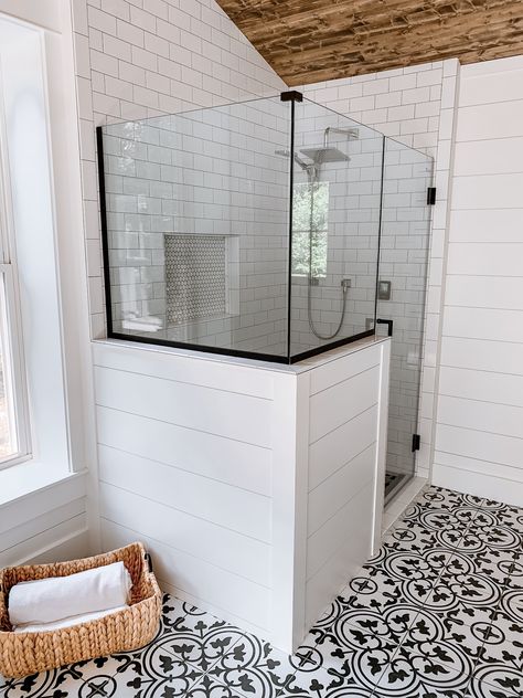 Walkin Shower With Curtains, Walk In Shower No Glass Farmhouse, Master Shower With Bench, Walk In Showers With Bench, Farmhouse Walk In Shower Ideas, Walk In Shower Ideas With Bench, Large Master Shower With Bench, Walk In Shower Glass Door Rustic, Walk In Shower With Bench