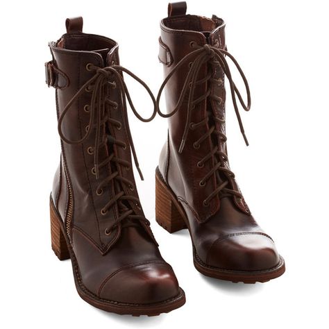 ModCloth Steampunk Wildlife Biologist Boot (285 GTQ) ❤ liked on Polyvore featuring shoes, boots, brown, steampunk, boot - bootie, heeled boot, short brown boots, leather boots, zip ankle boots and ankle boots Brown Laceup Boots, Combat Boots With Heels, Womens Brown Leather Ankle Boots, Brown Boots Leather, Pirate Oc, Steampunk Boots, Short Brown Boots, Pirate Boots, Characters Aesthetic