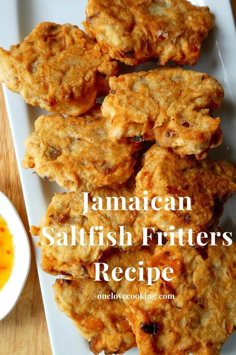 Jamaican Saltfish Fritters (Stamp and Go) Jamaican Saltfish Fritters Recipe, Saltfish Fritters, Jamaican Breakfast, At Home Baking, Dinner Food Ideas, Recipes Jamaican, Types Of Peppers, Jamaican Dishes, Food Recipes For Dinner