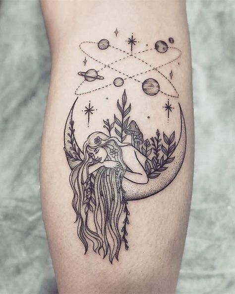 Spiritual Tattoo: 20 Ideas And Their Meanings + Stunning Examples - Spirithandbook Mystical Tattoos, Universe Tattoo, Virgo Tattoo, Omerta Tattoo, Goddess Tattoo, Sun Tattoos, Spiritual Tattoos, Constellation Tattoos, Nature Tattoos