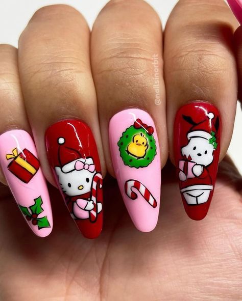 Elf Nail Designs, Elf On The Shelf Nails, Christmas Cartoon Nails, Character Christmas Nails, Matching Christmas Nails, Cartoon Christmas Nails, Pink Candy Cane Nails, Christmas Character Nails, Colorful Christmas Nails