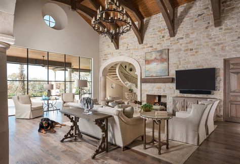 Tuscan Family Room, Rustic Mediterranean Decor, Mediterranean Family Room, Rustic Living Room Decor, Modern Tuscan, Mediterranean Living Room, Rustic Mediterranean, Grey Floor, Living Room Decor Rustic