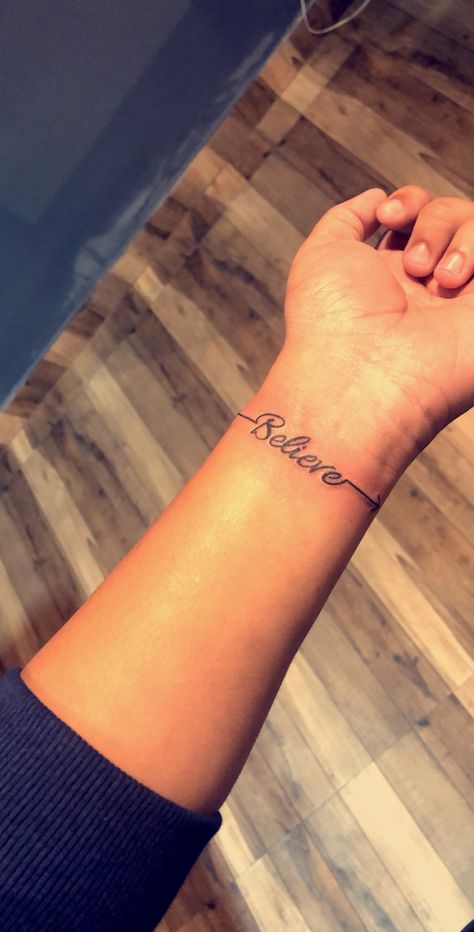 believe tattoo design Believer Tattoo Ideas, Believe Tattoo Ideas, Believe Tattoos For Women, Believe Tattoo Fonts, Believe Tattoo Design, Believe In Yourself Tattoo, Tattoo Tekst, Believe Wrist Tattoo, Believe Tattoo