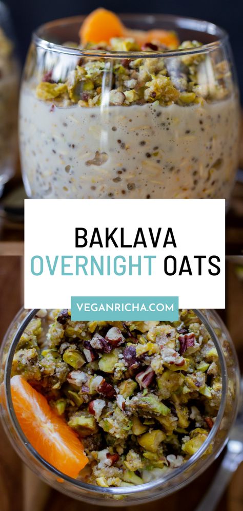 Baklava Overnight Oats, Baklava Filling, Vegan Baklava, High Protein Vegan Breakfast, Best Vegan Breakfast, Breakfast Oats Overnight, Vegan Snack Recipes, Vegan Snack, Overnight Oats Recipe