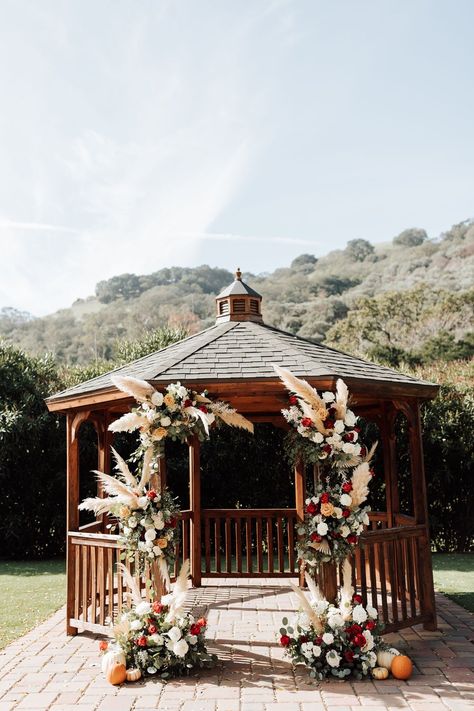 Pampas Grass Wedding Gazebo, Fall Wedding Gazebo Decor, Boho Wedding Gazebo Ideas, Backyard Wedding Gazebo, Boho Gazebo Wedding, Pumpkins And Pampas Wedding, Fall Pampas Grass Wedding, Wedding Gazebo Decorations Outdoor Fall, Gazebo Fall Wedding Decorations