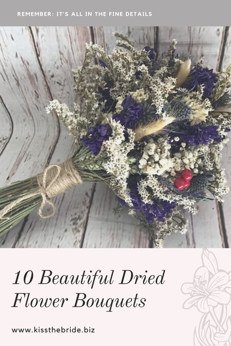 These stunning bridal bouquets are a brilliant alternative to the traditional fresh flower arrangement. These bouquets are incredibly pretty and have a gorgeous Boho vibe. #driedflowerbouquets #driedflowerweddingbouquet Dried Bouquet Wedding, Fresh Flower Arrangement, Winter Bridal Bouquets, Dried Flower Wedding, Simple Wedding Bouquets, Wildflower Wedding Bouquet, Kiss The Bride, Bridal Bouquet Blue, Beautiful Bridal Bouquet