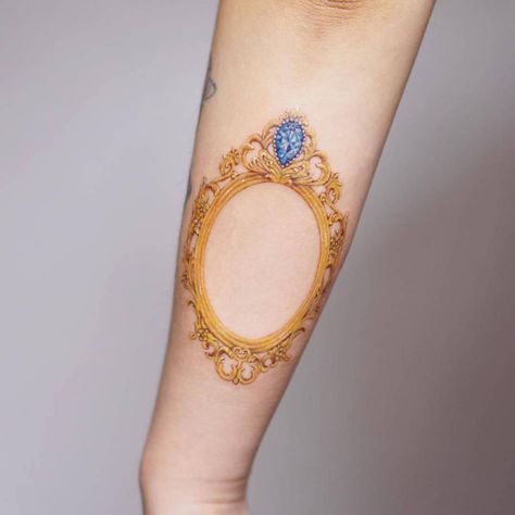 Vintage Frame Tattoo, Victorian Tattoo, Frame Tattoo, Mirror Tattoos, Framed Tattoo, Gold Tattoo, Tattoo Portfolio, Cover Up Tattoo, Back Tattoos