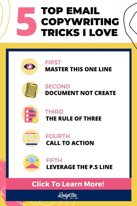 Here are 5 email copywriting tips for you to write profitable emails and grow your list! Learn my best strategies and ideas for you to create great email copy. Get copywriting inspiration and email marketing ideas today, whether you are a beginner or advanced copywriter! Examples included :) via @raelyntan Email Marketing Ideas, Email Copywriting, Copywriting Inspiration, Copy Writing, Marketing Copywriting, Website Copywriting, Email Examples, Copywriting Tips, Blogging Ideas