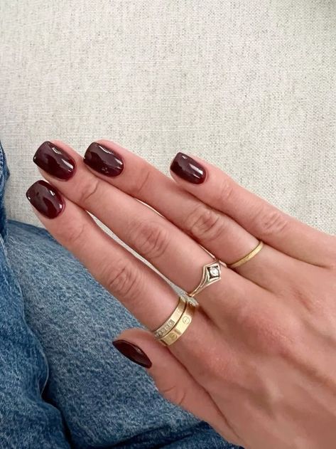 Really Dark Red Nails, Fall Dark Red Nails, Fall Graduation Nails, Auburn Nails Color, Deep Merlot Nails, Short Red Fall Nails, Dark Red Tapered Square Nails, Solid Fall Color Nails, Red Brown Nail Color