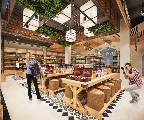 Gourmet Store Design, Gourmet Food Store Retail Design, Grocery Store Ceiling Design, Hypermarket Interior Design, Gourmet Market, Supermarket Design Interior, Log Home Interiors, Grocery Store Design, Downtown Lofts