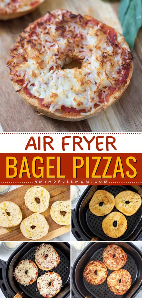 Want more afternoon snack ideas? Try these homemade pizza bagels! This mini pizza recipe is also an easy meal for lunch that's ready in under 10 minutes. Delicious and fun to eat, these Air Fryer Bagel Pizzas are sure to become a family favorite! Bagel Pizzas, Bagel Pizza, Toasted Bagel, Kid Friendly Meals Easy, Mini Bagels, Pizza Bagels, Homemade Bagels, Quick Easy Snacks, Delish Recipes