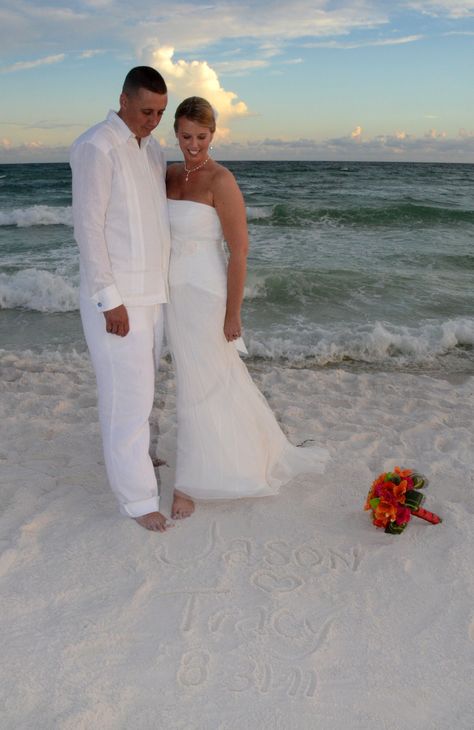 Beach wedding bride and groom, wearing a Debra Torres guayabera shirt, available at http://www.debratorres.com/long-sleeve-wedding-shirt.aspx. #beachweddingattire #weddingshirts Beach Wedding Groom Attire Linen, Beach Wedding Groom Attire, Shapewear For Wedding Dress, Mens Beach Wedding Attire, Beach Groom, Beach Wedding Men, Beach Wedding Groom, Beach Wedding Outfit, Beach Wedding White