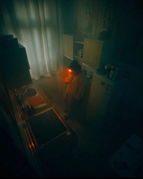 Fridge Light Photography, Sci Fi Cinematography, Emotional Cinematography, Man Comforting Woman, Cinematic Kitchen, Moody Cinematography, Red Cinematography, Room Cinematic, Horror Lighting