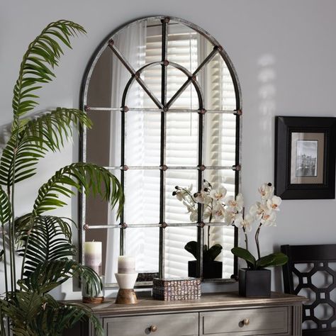 Window Accent Wall, Farmhouse Accent Wall, Accent Wall Mirror, Vintage Mirror Wall, Window Mirror, Baxton Studio, Accent Mirror, Arched Windows, Decoration Inspiration