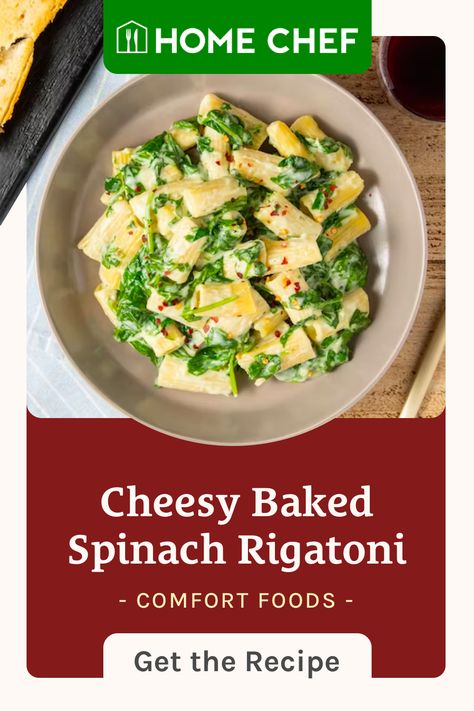 Spinach Rigatoni, Baked Spinach, Cheese Pasta Recipes, Impossible Burger, Cooked Meal, Easy Cheesy, Cheese Pasta, Meal Kit, Cooking Prep