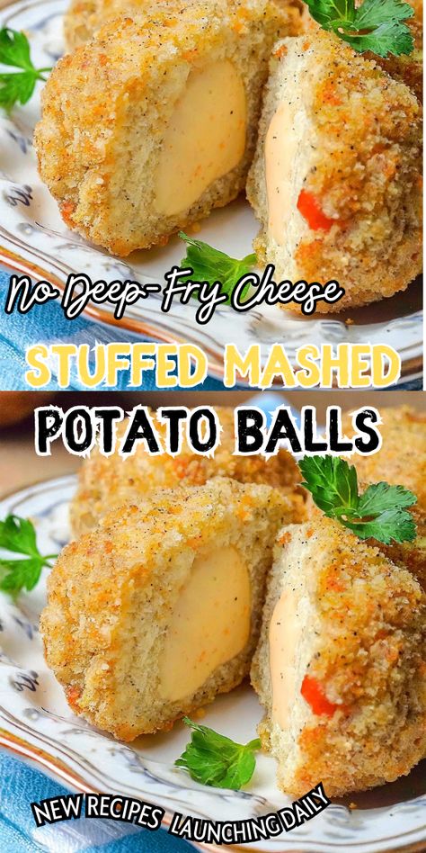 No Deep-Fry Cheese Stuffed Mashed Potato Balls Deep Fried Mashed Potato Balls, Deep Fried Mashed Potatoes, Stuffed Mashed Potato Balls, Fried Mashed Potato Balls, Stuffed Mashed Potatoes, Mashed Potato Balls, Potato Balls, Stuffed Potato Balls, Deep Fry