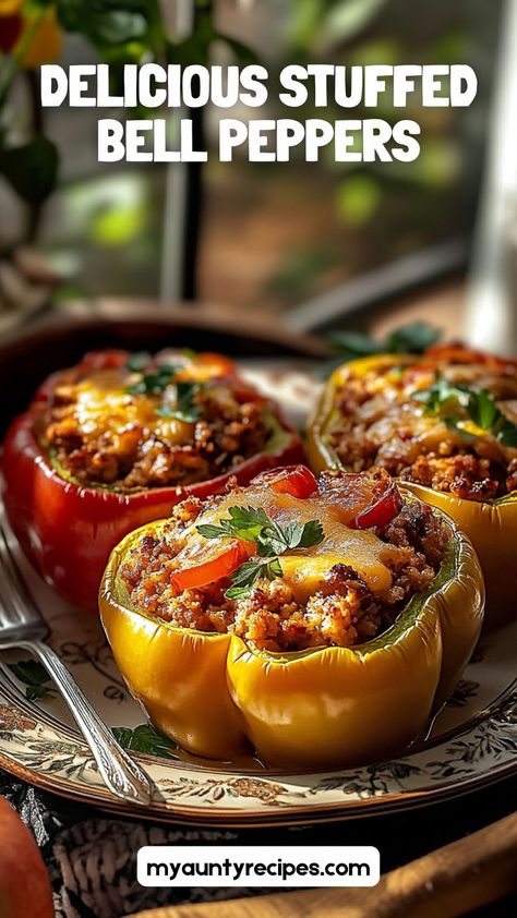 These stuffed bell peppers make a perfect fall dinner idea, combining seasoned ground beef, hearty rice, and tangy tomato sauce, all baked under a melty layer of cheese. Packed with comforting flavors, they’re ideal for chilly nights and easy enough for busy evenings, bringing warmth and satisfaction to the table. Peppers Ground Beef, Stuffed Bell Peppers Ground Beef, Best Stuffed Pepper Recipe, Cozy Fall Dinner, Bell Pepper Recipes, Beef And Rice, Meat Substitutes, Fall Dinner, Peppers Recipes