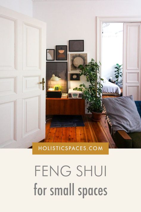 Photo of a small living room with a door open on the back wall looking into a bedroom. Text reads "Holisticspaces.com feng shui for small spaces" Small Apartment Feng Shui, Small Bedroom Feng Shui, Feng Shui Small Bedroom, Feng Shui Apartment, Feng Shui Interior, Feng Shui Kitchen, Feng Shui Principles, Feng Shui Bedroom, Feng Shui House