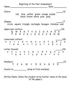 FREE!! Here is a beginning of the year assessment to give you information on colors, shapes, letters, sounds, numbers, counting, and name writing. The first page is the recording sheet and the two others are to show to each student (only one copy needed of these two pages!!) I also made an Excel spreadsheet to record the results, if you want it as well!! Beginning Of The Year Assessment, Prek Assessment, First Grade Assessment, Reading Intervention Classroom, Whole Class Rewards, Preschool Organization, Kindergarten Assessment, Preschool Assessment, Intervention Classroom