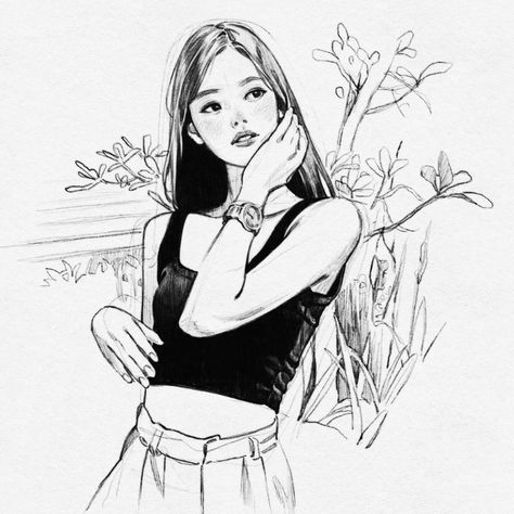 artist insta: oaoi_pencil Korean Girl Sketch, Female Drawing, Best Anime Drawings, Drawing Examples, 강아지 그림, Art Tool, Art Tools Drawing, Sketch Ideas, Art Drawings Sketches Creative