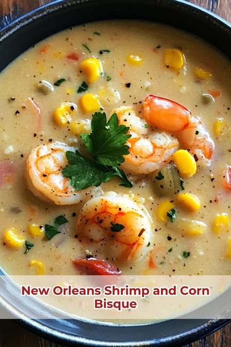 Enjoy the flavors of New Orleans with this shrimp and corn bisque—a creamy, savory soup with a Southern twist. #ShrimpBisque #NewOrleansFlavors Corn Bisque Soup, Shrimp And Corn Bisque, Shrimp And Corn Soup, New Orleans Shrimp, Corn Bisque, Shrimp And Corn, Shrimp Corn, Shrimp Bisque, Bisque Soup