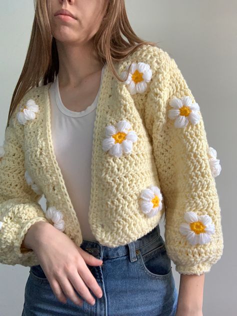 Crochet, flower, cardigan, handmade, beautiful, daisy Crochet Flowers Cardigan, Crochet Daisy Sweater, Crochet Daisy Cardigan, Cute Crochet Sweater, Woolen Sweater Design, Jaket Crochet, Crochet Vest Pattern Free, Crochet Vests, Crochet Shirts