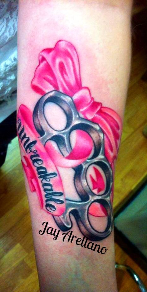 #tattoo #tattoos #pink #bow #unbreakable #alteredskin #montana AAAAHHHHHHH!!!!!!! THATS MY TATTOO, ON MY ARM!!!!!! I loooove it! Finally got posted on Pinterest! Unbreakable Tattoo For Women, Unbreakable Tattoo, Brass Knuckle Tattoo, Knuckle Tattoo, Bow Tattoos, Bow Tattoo Designs, Skull Hand Tattoo, Brass Knuckle, Bright Tattoos