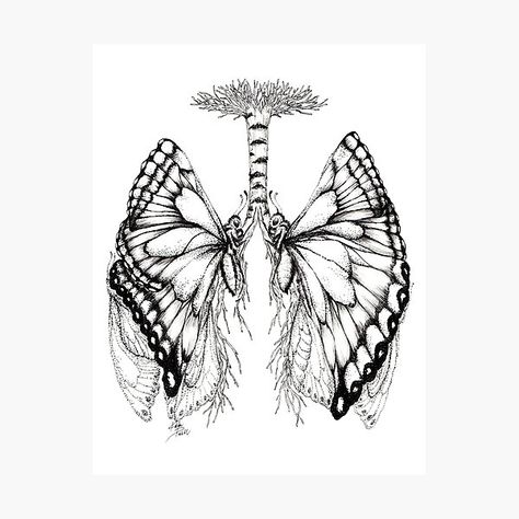 Flower Lung Tattoo Beautiful, Lungs With Butterflies, Lungs Butterfly, Respiratory Tattoo, Butterfly Lungs Tattoo, Lungs Art Drawing, Asthma Tattoo, Lung Tattoo With Flowers, Dainty Illustration