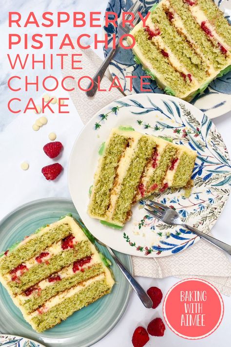 White Chocolate Raspberry Pistachio Cake, Easy Showstopper Cakes, Pistachio And White Chocolate Cake, Easy But Impressive Cakes, Pistachio Sponge Cake Recipes, Impressive Baking Recipes, Pistachio Raspberry Dessert, Impressive Cake Recipes, White Chocolate Pistachio Cake