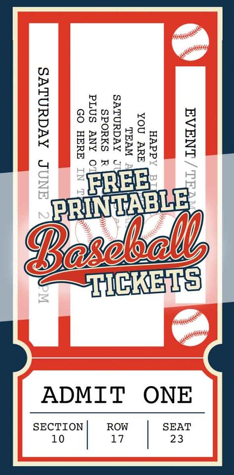 A free printable baseball ticket template to download and use. Cricut Ticket Template, Baseball Birthday Party Invitations Free Printable, Baseball Birthday Invitations Templates, Baseball Labels Printable Free, Twins Baseball Birthday Party, Baseball Birthday Invitations Free, How To Gift Sports Tickets, Baseball Bingo Free Printable, Blank Baseball Card Template