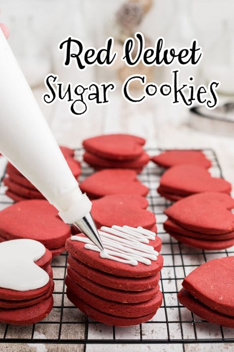 Red Velvet Sugar Cookies Recipe, Red Velvet Sugar Cookies, Velvet Sugar Cookies, Valentines Day Cookie Recipe, Red Velvet Desserts, Red Velvet Flavor, Valentine Cookies Decorated, Valentines Recipes Desserts, Cut Out Cookie Recipe