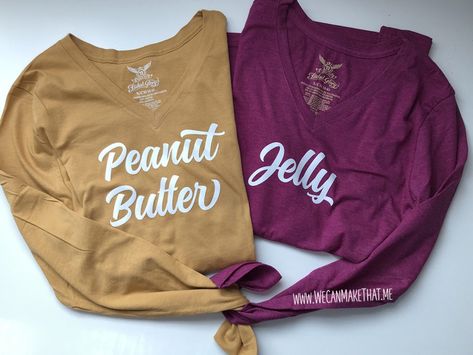 Peanut Butter & Jelly Costume Peanut Butter Jelly Costume, Peanut Butter And Jelly Halloween, Jelly Outfit, Peanut Butter And Jelly Costume, Wine Glass Etching, Butter Costume, Make Your Own Peanut Butter, Diy Halloween Shirts, Costumes For Work