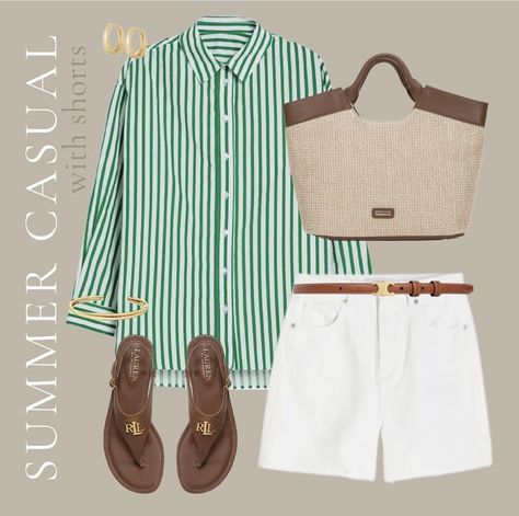 White shorts | green shirt Green Striped Shirt Outfit, White Boho Shirt, Tshirt Outfit Summer, Striped Shirt Outfit, Green Striped Shirt, Modest Summer Fashion, Simple Summer Outfits, Classic Style Outfits, Shorts Outfits Women