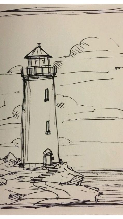 Drawing Ideas Lighthouse, Lighthouse Drawing Reference, Pen Drawings Landscape, Lighthouse Landscape Drawing, Ink Scenery Drawing, Random Scenes To Draw, Landscape Art Pencil Sketch, Sketch Scenery Landscapes, Art Sketches Scenery