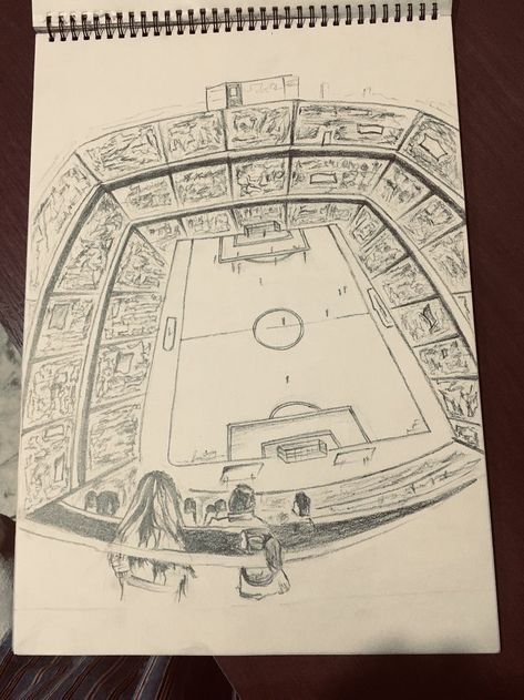 Soccer Stadium Drawing, Football Related Drawings, Soccer Drawing Aesthetic, Soccer Sketches Draw, Soccer Drawing Ideas, Footballer Sketch, Soccer Field Drawing, Sports Drawing Ideas, Football Drawing Sketches