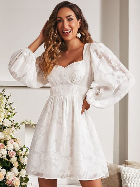 SBetro Jacquard Lantern Sleeve Sweetheart Neck Chiffon Dress | SHEIN USA Confirmation Dresses White, Shower Dress For Bride, White Bridal Shower Dress, Puff Long Sleeve Dress, Confirmation Dresses, Fancy Short Dresses, White Dresses Graduation, Dama Dresses, White Ruffle Dress