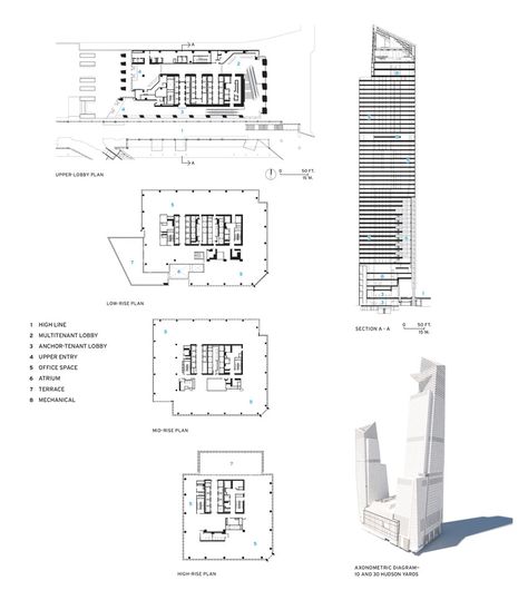 Floor plans and elevations of 10 Hudson Yards. Tall Buildings Architecture, Tall Buildings Aesthetic, High Rise Building Design Concept, High Rise Building Plan, Tall Residential Buildings, Skyscraper Floor Plan, Tower Plan Architecture, Lobby Floor Plan, Condominium Floor Plan