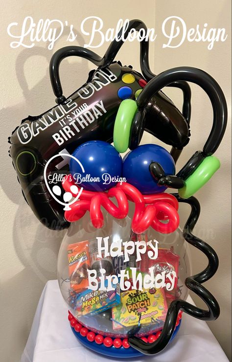 Stuffed Balloons, Gamer Boy, Balloon Ideas, Flower Gift Ideas, Sour Patch Kids, Game Remote, Teen Birthday, Balloon Centerpieces, Prop Styling