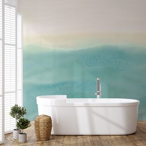 Blue Bathroom Wallpaper, Ocean Beach Wallpaper, Yellow And Blue Bathroom, Cloakroom Wallpaper, Dramatic Bedroom, Ocean Mural, Beach Wall Murals, Bathroom Mural, Waves Wallpaper