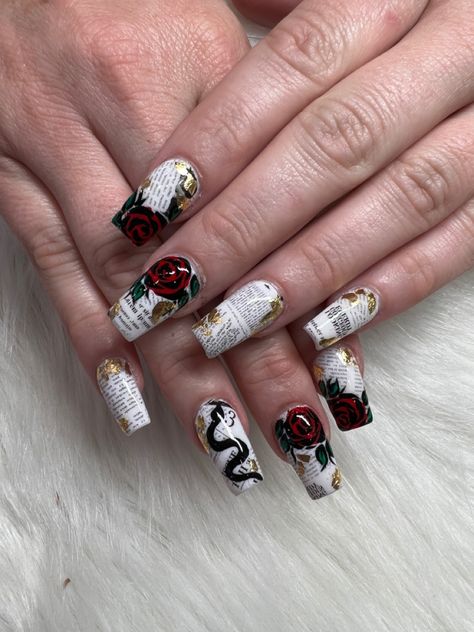 Book inspired nails, roses on nails, snake on nails, newspaper nails, gold lead on nails Snake On Nails, Roses On Nails, Book Inspired Nails, Newspaper Nail Art, Newspaper Nails, Special Nails, Nails Gold, Cute Nail Art Designs, Inspired Nails