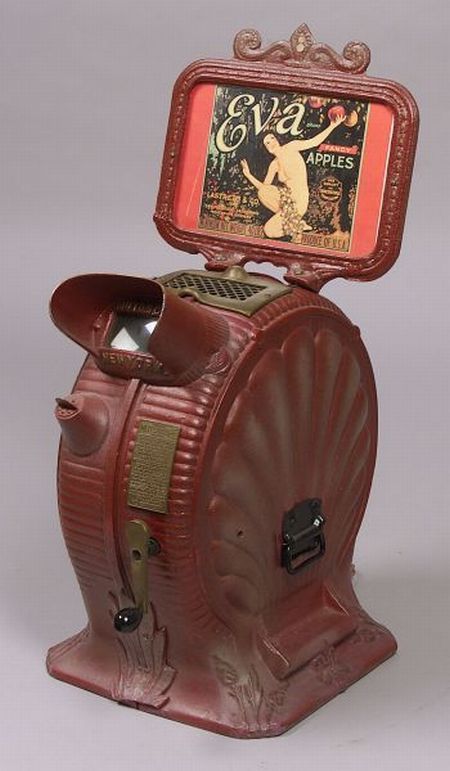 "Clamshell" Mutoscope by American Mutoscope & Biograph Co., N.Y., with coin-released hand-cranked mechanism, light and cast-iron shell-form case with marquee, side door and plaque, ht. 33 in., and one reel showing a fight in a library. Lumiere Photo, Penny Arcade, Magic Lantern, Seni Dan Kraf, Coin Operated, Vending Machines, Arcade Machine, Vending Machine, Antique Toys