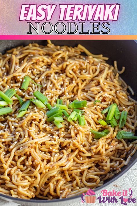 Tasty teriyaki noodles served in skillet with sliced green onions and sesame seeds for garnish. Hibachi Noodles, Teriyaki Chicken Skewers, Teriyaki Chicken Bowl, Teriyaki Noodles, Teriyaki Recipe, Popular Side Dishes, Gluten Free Noodles, Homemade Teriyaki Sauce, Noodle Bowls