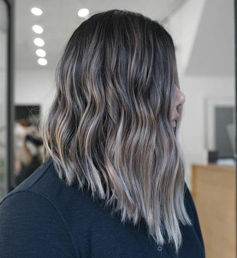 Ash Brown Lob with Silver Babylights Ash Brown Lob, Silver Babylights, Brown Hair With Ashy Highlights, Brown Hair Color Styles, Ashy Bronde Balayage, Ash Brown Hair Dye, Medium Ash Brown Hair, Dark Ash Brown Hair, Brown Hair With Silver Highlights